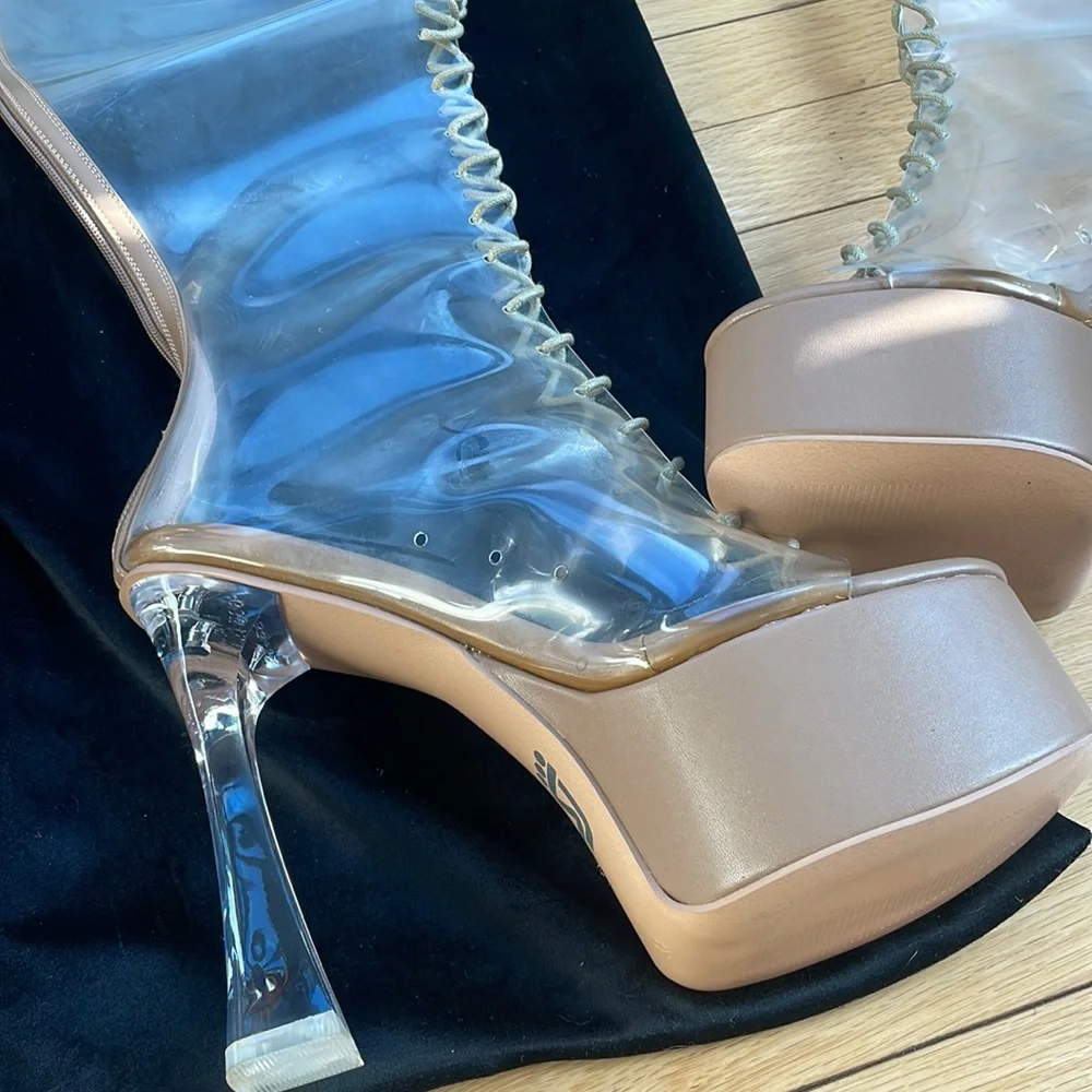 💙 NUDE  Platform THIGH HIGH LACE UP Boot SHOES *NEW*
